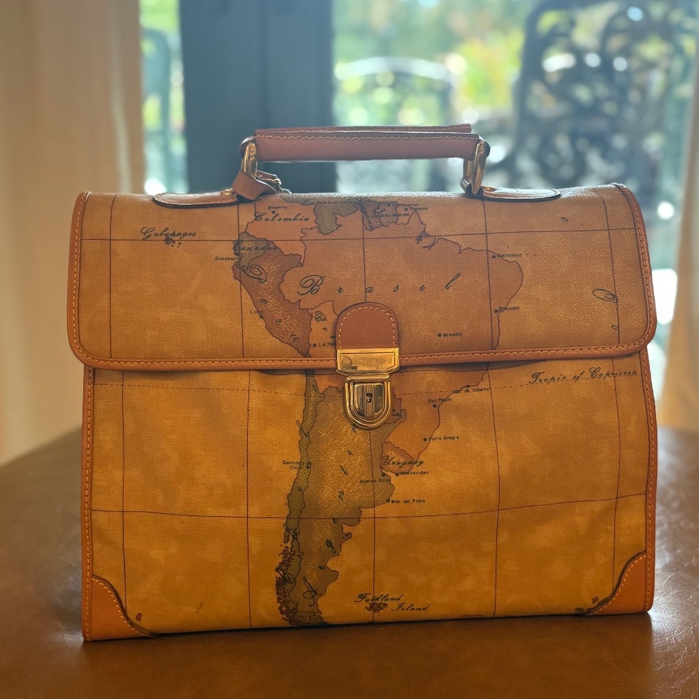 Alviero Martini Geo Hand Bag Briefcase Brown Leather Coated Canvas with strap